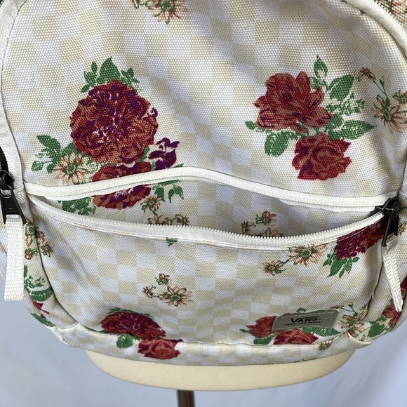 VANS Cream & White Checkerboard Floral Full Size Backpack with Zipper Pockets - Picture 6 of 17